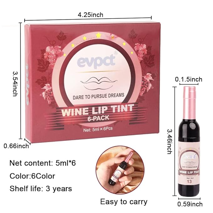 evpct 6Pcs Wine Bottle Lip Tint Stain 6 Colors Waterproof Red Matte All Day Liquid Lipstick Lip Gloss Sets for Women Magic Lipstick 24 Hours Original labiales magicos 24 horas originales Peel off 03