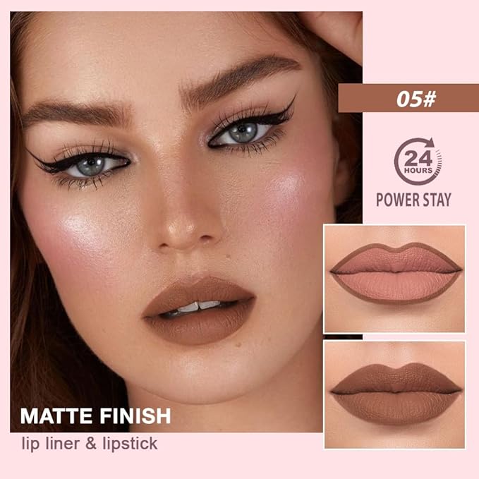 2 in 1 Matte Lipstick Lip Liner Pencil Set,Dark Brown Waterproof Lip Stick Lip liner Combo for Old Women Long Lasting Lipstick,labiales mate 24 horas originales