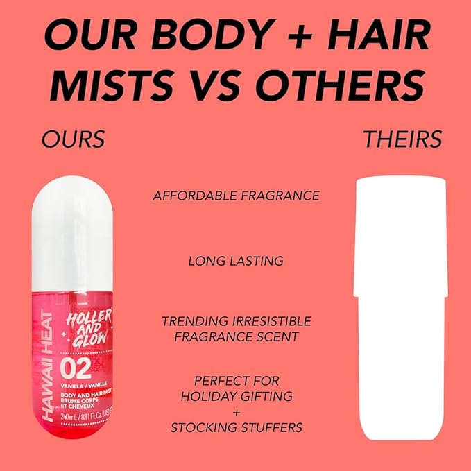 Holler and Glow Hawaii Heat Body & Hair Mist, Warm Vanilla, Peony & Amber Scent, Long-Lasting Daily Fragrance, Lightweight, Vegan, Cruelty-Free, Alcohol-Free, Hydrating Hair Perfume, 8.11 Fl Oz