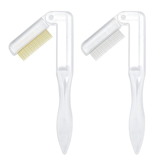 G2PLUS 2PCS Folding Eyelash Comb, Eyelash Separator Tool, White Eyebrow Comb Metal Teeth, Eyelash Brush Tool for Lash & Brow