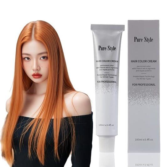 PureStyle 100ml Professional Permanent Hair Color Dye Cream Ammonia Free, Long Lasting Orange Brown Color, 100% Gray Coverage, Natural Shine, For All Hair Types Easy At Home Application