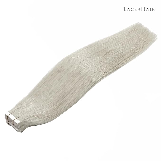 Lacer Tape in Hair Extensions Human Hair 24 Inch Silky Straight Silver Grey Adhesive Tape in Hair Extensions 100 Percent Remy Human Hair Soft Glue in Brazilian Hair Extensions 20 Pcs 50 Grams
