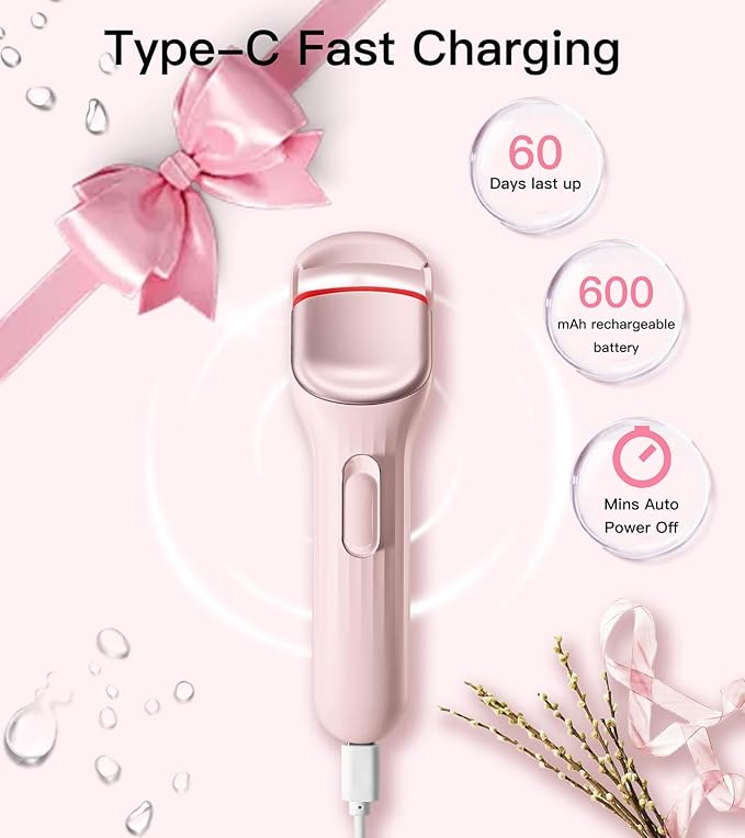 Heated Eyelash Curler, 8s Fast Heat Up, Dual Temperature Modes 149°F /167°F, Rechargeable 600mAh Battery, 24h Long Lasting, 1.5 Inch Wide Safe Silicone Pad Compact Travel Lash Curler Pink