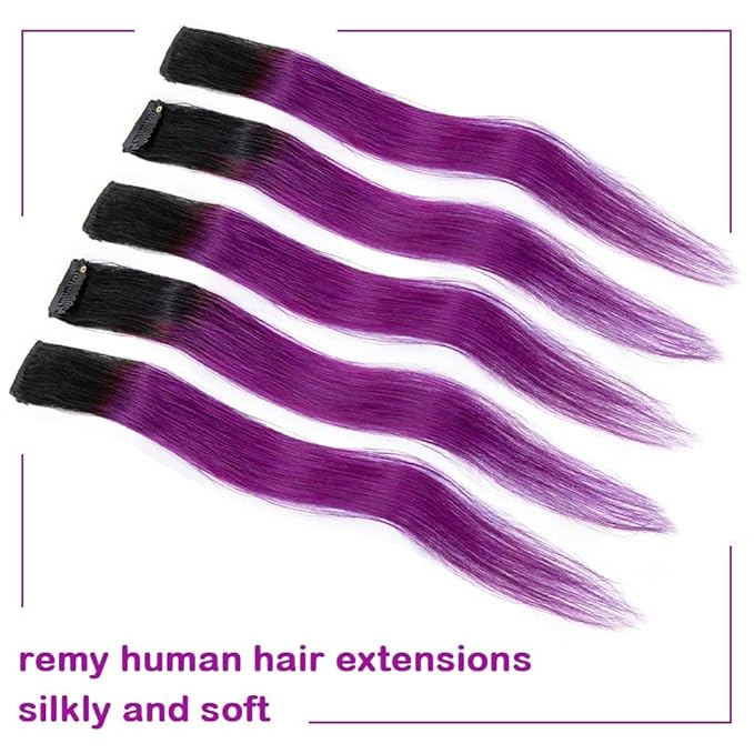 Winsky Purple Ombre Clip in Ombre Colored Hair Extensions 100% Real Human Hair - Hairpiece for Women Clip on 5 Pieces/set (18 Inch,1B-Purple)
