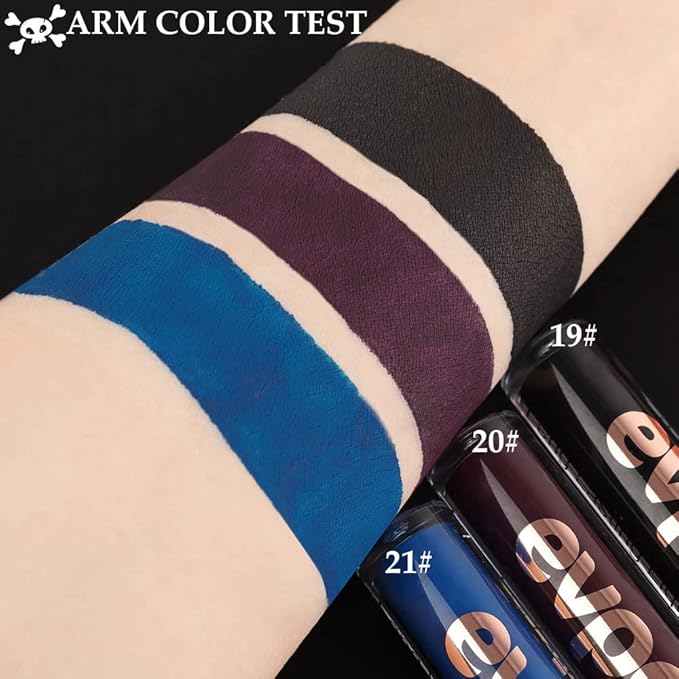 evpct 3Pcs Dark Blue Black Purple Matte Liquid Lipsticks Lip Gloss Stain Makeup Sets Smudge Proof, Skull Face 24 Hour Long Lasting Liquid Matte Lipstick Waterproof labial mate larga duracion 24
