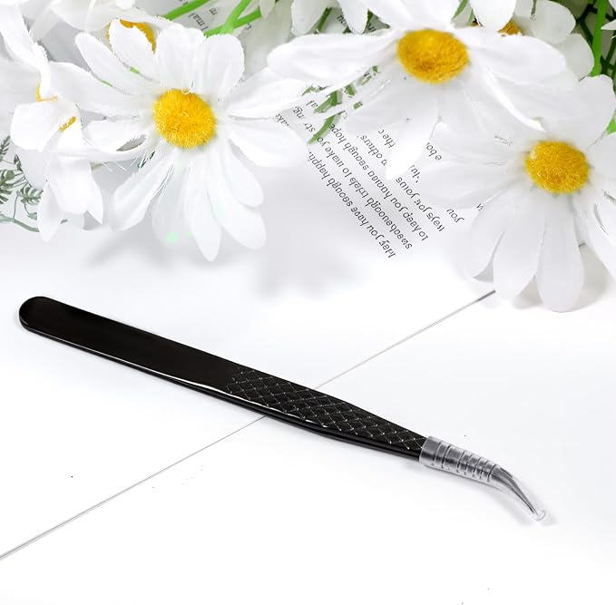 Lash Tweezers for Eyelash Extensions, Curved Degree Grip Isolation Tweezers Black Stainless Steel Professional Lash Tweezer for Individual Isolation and Classic Lashes