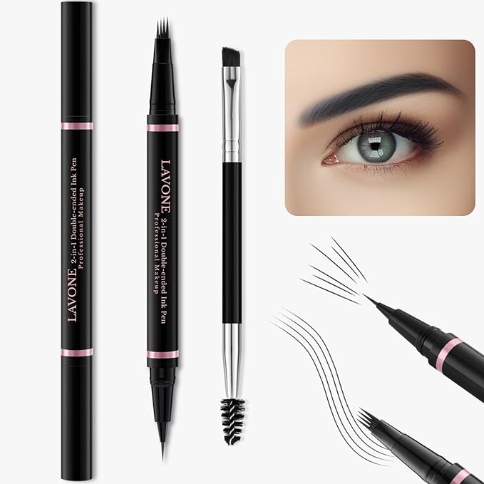 Eyebrow Pencil,2-in-1 Waterproof Eyebrow Pen with 4 Tip Brow Pen and Ultra-Precise Brow Pencil,with Dual-ended Eyebrow Brush,Eyebrow Makeup for Natural Looking Eyebrows- Ash Black