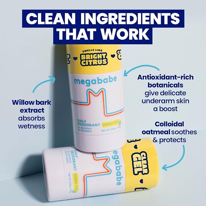 Megababe Daily Deodorant - Sunny Pits | Aluminum-Free, Clear & Clean | 2.6 oz (Pack of 2)