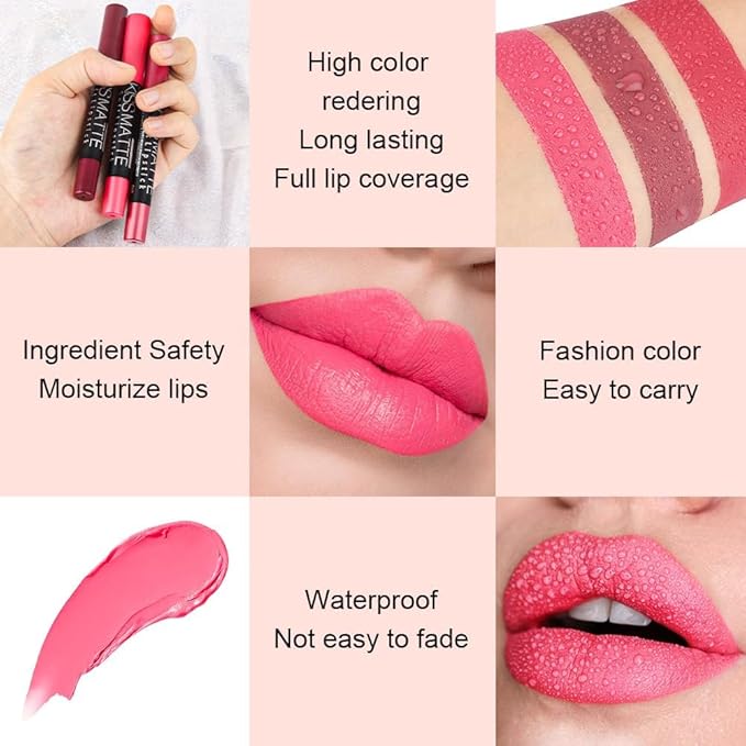 Generic Deep Dark Red Matte Lipstick and Lip Crayon Liner Pencil Pen Set for Women Lip Stain Long Lasting Waterproof labiales (1, 1Pcs 04# Pink)
