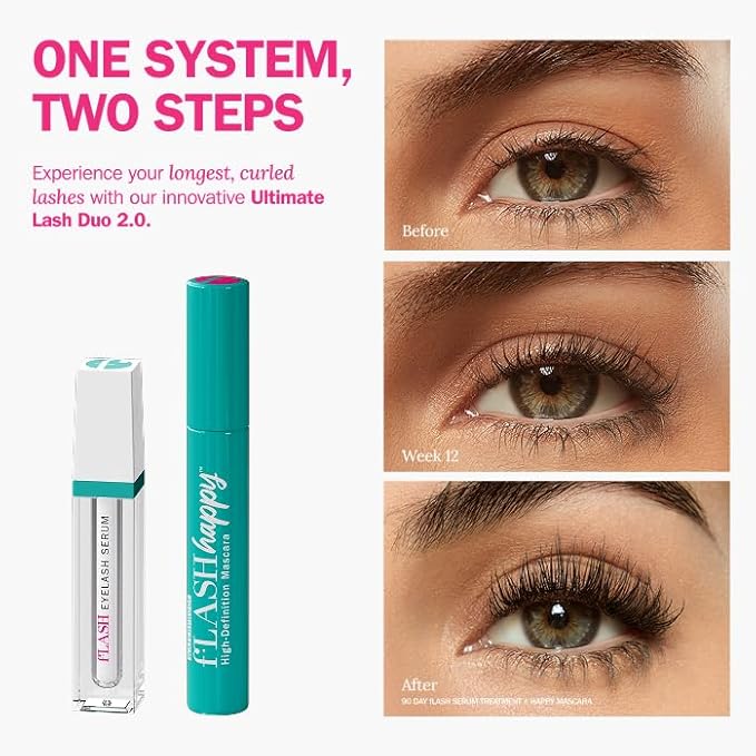 fLASH Ultimate Lash Duo 2.0 with fLASH Eyelash Serum & fLASH Happy High-Definition Waterproof Mascara - Enhance & Strengthen Your Natural Lashes - Add Length, Volume, Definition & Curl (Bundle)
