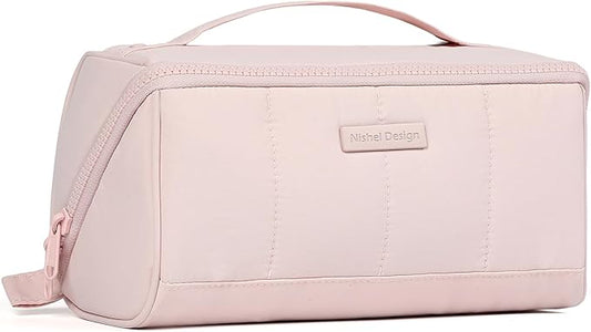 NISHEL Travel Makeup Bag for Women, Fluffy & Lightweight Open Flat Cosmetic Organizer with Multiple Functional Divider for Brush Independent Storage, Handle for Easy Portability, Pink