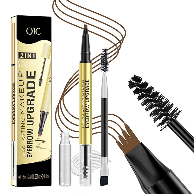 QIC Eyebrow 4 Tip Brow Pencil,Microblading Eyebrow Pencil, 2-in-1 Eyebrow Pen and Sealing Brow Gel,Waterproof Long-lasting Magic Eyebrow Pencil for Natural Makeup(Brown)
