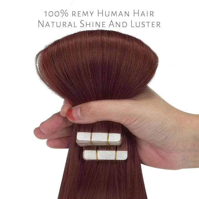 Lacer Tape in Hair Extensions Human Hair Wine Red 16 Inches Burgundy Straight Tape in Real Human Hair Extensions Dlouble Side Weft 20pcs 50 Grams Per Pack