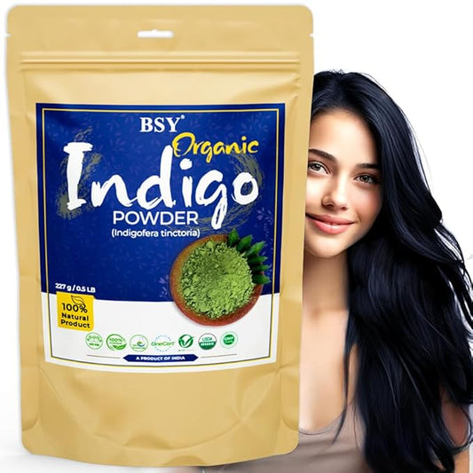 BSY Organic Indigo Powder - 100% Natural Indigofera Tinctoria (Indigo), Triple Sifted Avuri Leaf Powder for Hair Coloring - 227g / 0.5 LB
