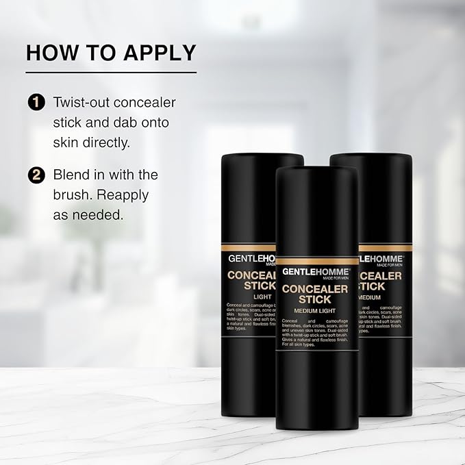 Gentlehomme - Concealer Stick Bundle - Men’s 2-in-1 Concealer & Brush - For Blemishes, Dark Circles & Uneven Skin Tones - Natural Finish - All Skin Types - Vegan - Light/Medium Light/Medium - 3 Pack