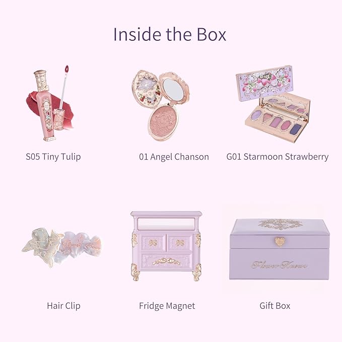 Flower Knows Strawberry Rococo Makeup Box Set,6 Pack Makeup Box with Mirror,Lip Gloss×1+Blush×1+Eyeshadow×1+Hair Clip×1+Fridge Magnet×1+Gift Box×1