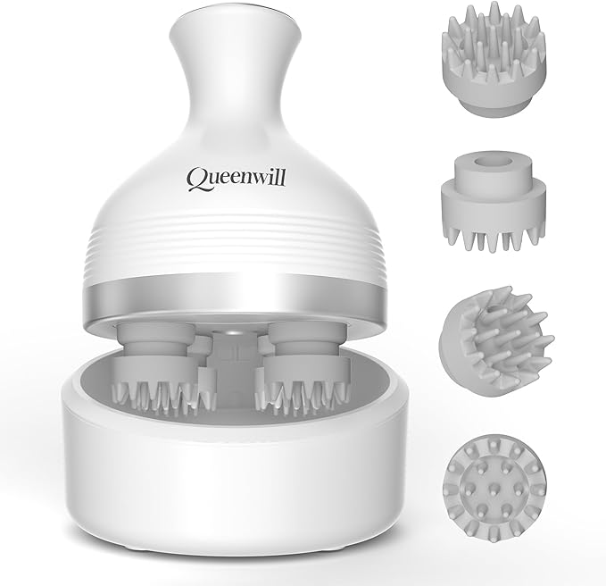 Queenwill Electric Cordless Scalp Massager Head Scalp Stress Relax, Handheld Portable Head Scratcher Massage for Hair Growth, Claws Cat Massager with Kneading 84 Massage Nodes, Ideal Gift (White A)