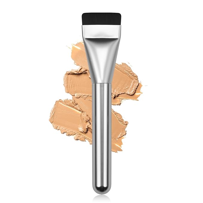 Flat Foundation Brush for Liquid Makeup,14CM Premium Fast Flawless Flat Top Kabuki Makeup Brushes Face Cosmetics Concealer Brush for Liquid, Blending, Powder, Cream, Powder, Blush, Buffing Silver