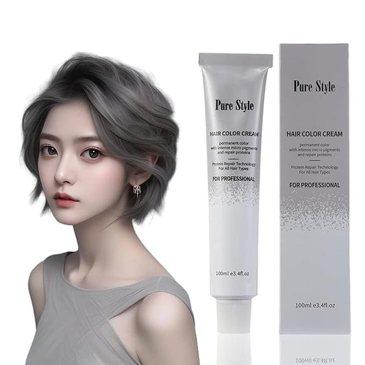 PureStyle 100ml Professional Permanent Hair Color Dye Cream Ammonia Free, Long Lasting Medium Grey Color, 100% Gray Coverage, Natural Shine, For All Hair Types Easy At Home Application