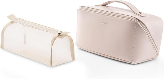 Vlando Makeup Bag,Large Capacity Toiletry Bag for Women Waterproof Portable Make up Pouch PU Leather Open Flat Cosmetic Bag(Light Pink)