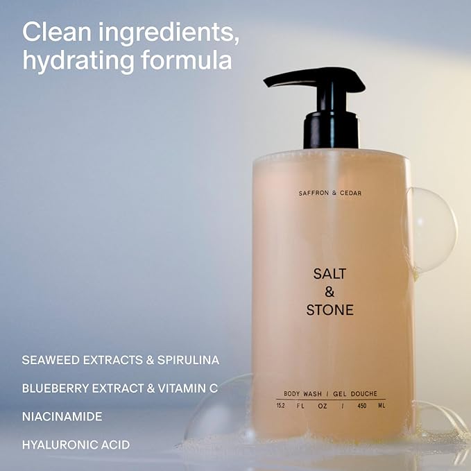 Salt & Stone Body Wash with Antioxidants for Deep Moisture | For Women & Men, Sulfate, Paraben, & Dye Free, Leaving Skin Soft and Hydrated | Saffron & Cedar 32 fl oz