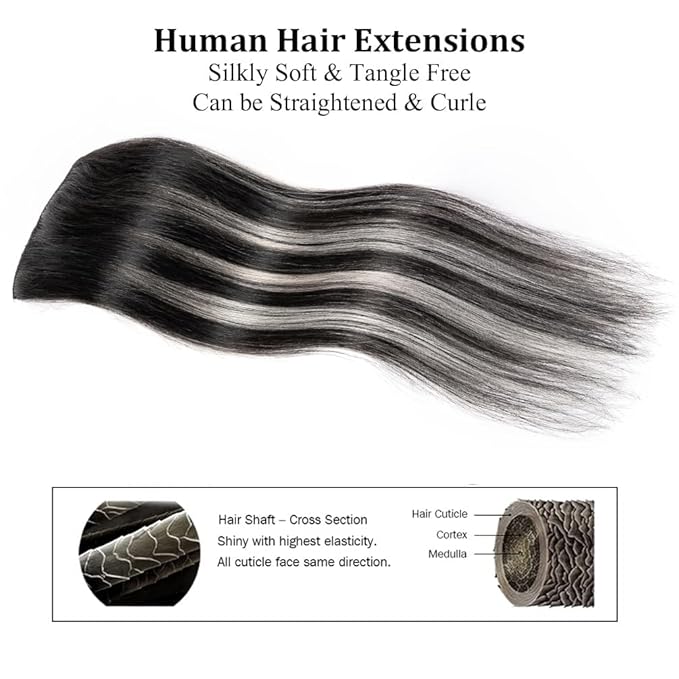 22" Hair Extensions Clip in Human Hair for Women - Silky Straight Remy Real Long Human Hair Clip on 90grams 4pieces #(1BTSilver) P1B Color