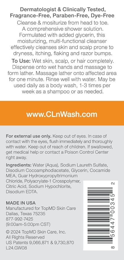 CLn® 2-in-1 Gentle Wash & Shampoo- Multi-functional Cleanser for Skin & Scalp Prone to Irritation, Flaking, Itching, Dryness & Razor Bumps, Fragrance-Free & Paraben-Free, 8 fl. oz.