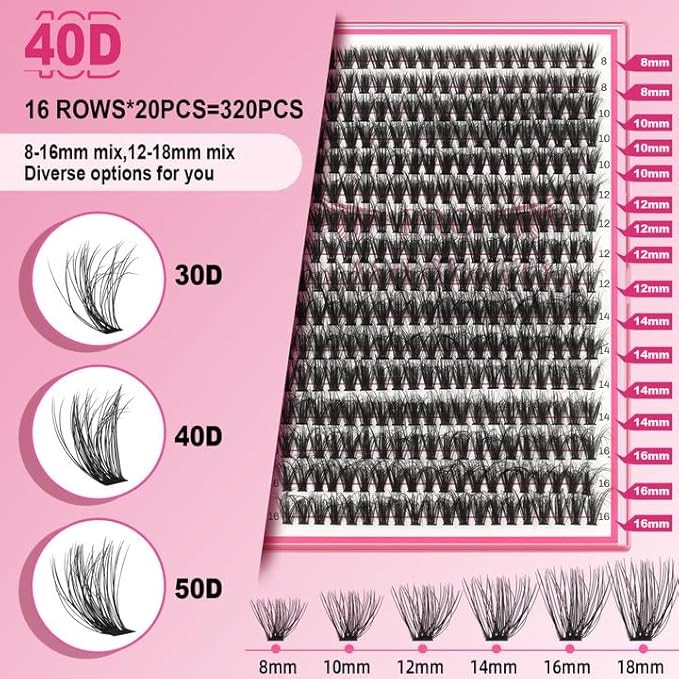 Lash CIusters 320Pcs Individual Lashes 3D Wispy Cluster Lashes Natural Look Eyelash Clusters Faux Mink Wispy Lashes 40D-D Mixed DIY Lash Extension (3D Wispy-40D-D,8-16mix)