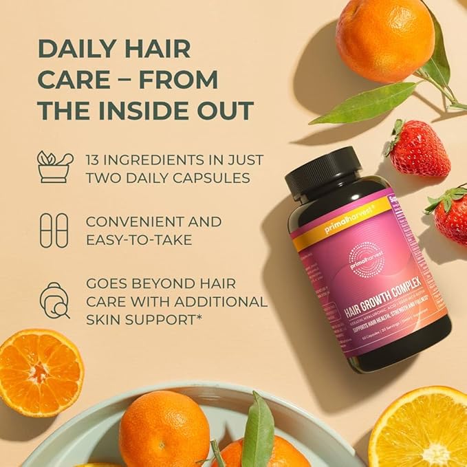 Primal Harvest Hair Growth Vitamins, Hair Growth for Women & Men - 60 Hair Growth Pills, Natural Hair Thickening Products for w/Biotin & Zinc - Hair Supplement, Regrowth Hair Vitamins