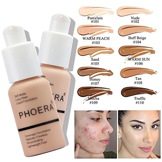 PHOERA Foundation Full Coverage Makeup, Mushroom Head Air Cushion CC Cream Natural Foundation, PHOERA Primer, PHOERA Powder, Brushes Foundation Brush,2 Makeup Sponge (103Warm peach + 03Warm NudeCC)