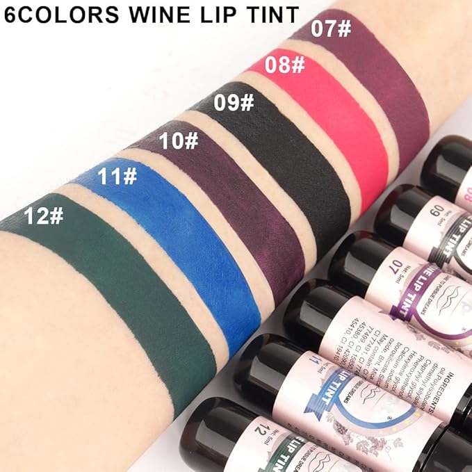 evpct 6 Colors Dark Black Blue Green Purple Rose Red Matte Liquid Lipstick for Women, Wine Lip Tint Stain Makeup Sets Long Lasting Waterproof Wine Bottle Colored 24 Hours Lipstick Lip Stain Peel off