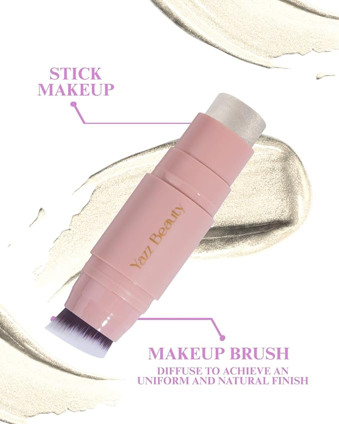YazzBeauty Makeup Highlighter Stick with Brush– Sun Shimmer White | Brightening & Glowy Finish | Lightweight Formula for Face