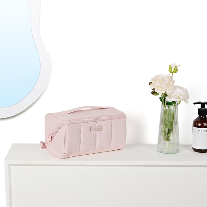 NISHEL Travel Makeup Bag for Women, Fluffy & Lightweight Open Flat Cosmetic Organizer with Multiple Functional Divider for Brush Independent Storage, Handle for Easy Portability, Pink