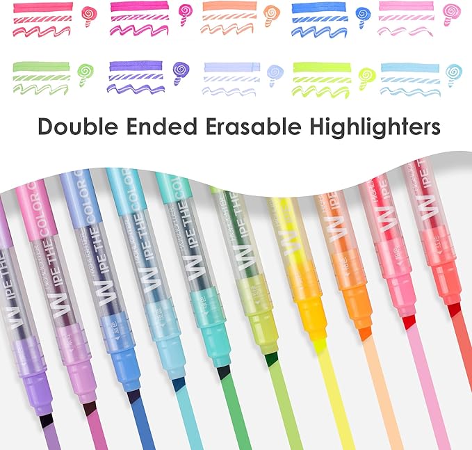 Erasable Highlighters, Dual Tip 10 Pack Highlighters Assorted Colors Erasable, Smooth Writing Book Journaling No Bleeding Highlighter Pens for Bible Journal Planner