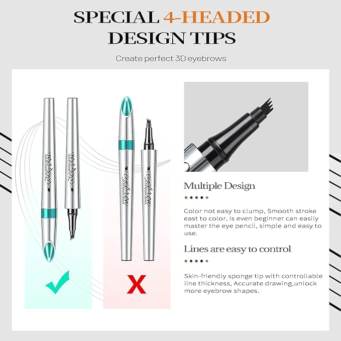 Microblading Eyebrow Pencil, Eyebrow Pencils for Women, Eyebrow Pen with Micro 4-Fork-Tip, Microblading Brow Pen Long-Lasting Waterproof Natural Looking, Black