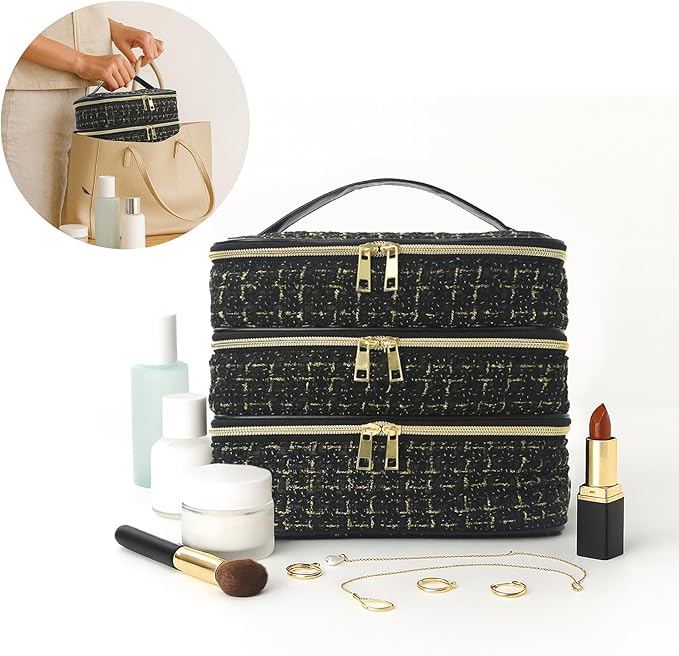 Travel Makeup Bag for Women Three Layer Large Cosmetic Case Water-resistant Toiletry Bag Organizer for Store Toiletries Cosmetic Accessories and Manicure Sets Gold Black