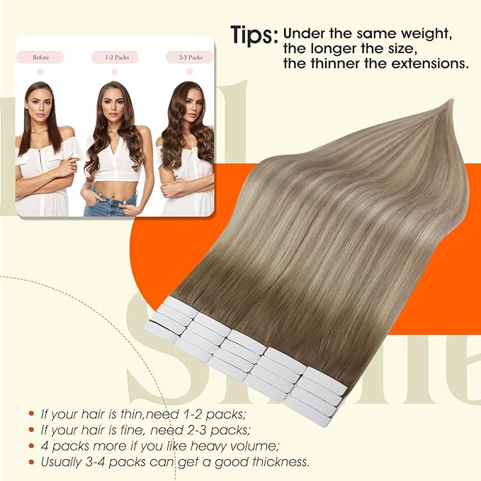 Full Shine Tape in Hair Extensions Color 8 Ash Brown Ombre 60 Blonde And 18 Ash Blonde Hair Extensions Real Remy Hair 16Inch Double Sided Extension 50G Invisible Straight Human Hair 20Pcs for Wedding
