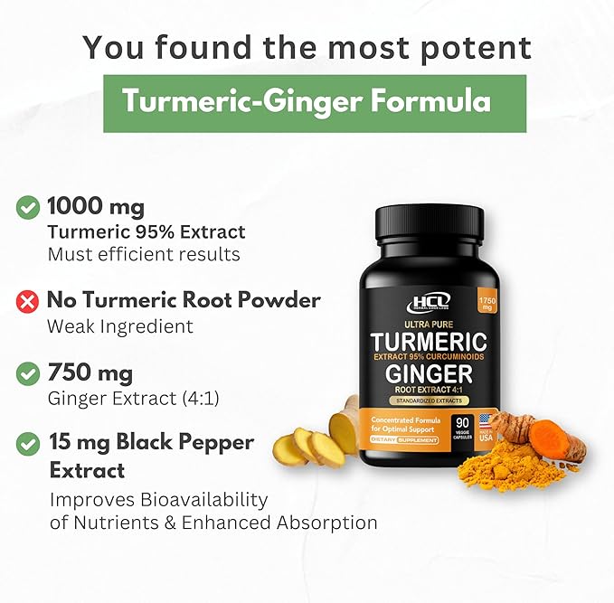 Turmeric Curcumin with Ginger – 1750mg High-Potency Formula with 95% Standardized Curcuminoids and Ginger Extract – Black Pepper for Enhanced Absorption – 60 Vegan Capsules