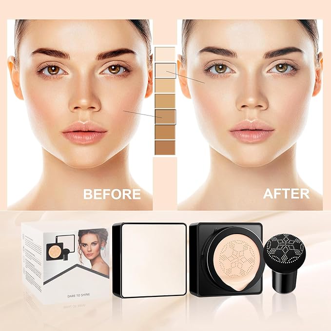 Air Cushion CC Cream Mushroom Head - Moisturizing & Oil Control Screw Lid Concealer Makeup Base, Primer Liquid Foundation Long Lasting with Mushroom Makeup Sponges for All Skin Types (Natural)