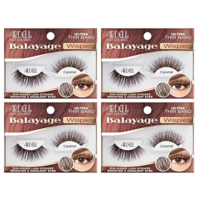 Ardell Balayage Wispies False Eyelashes - Caramel, Ultra Thin Band for Natural Wispy Lashes, Full Volume and Definition, Long-Lasting Wear, 4-Pack