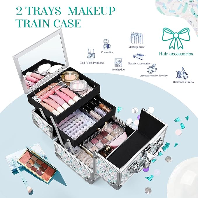 Joligrace Makeup Case for Girls Cosmetic Train Case Makeup Storage Box Jewelry Organizer Hair Accessories Lockable with Trays & Mirror Blue