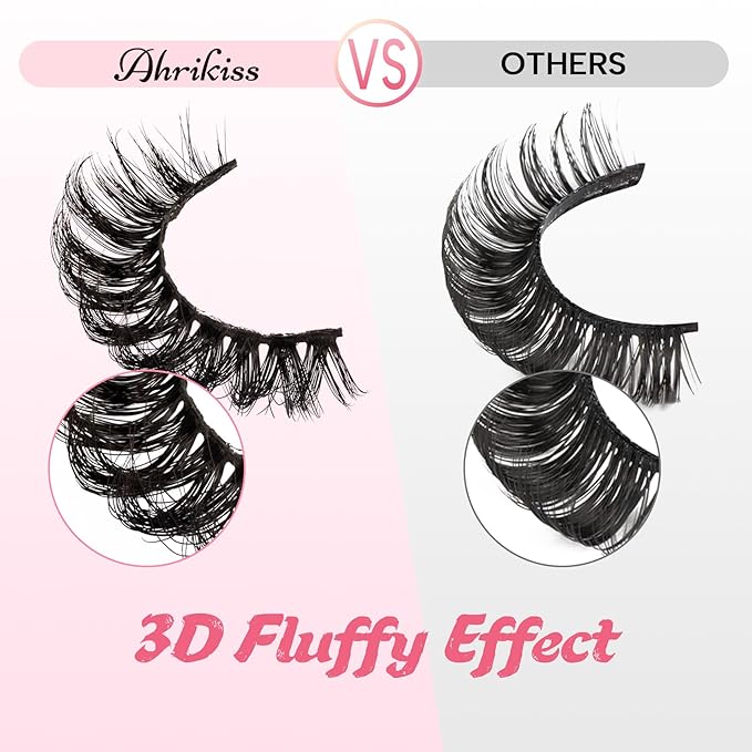 Ahrikiss Russian Strip Lashes That Look Like Extensions D Curl Fluffy False Eyelashes 10 Pairs Wispy Natural Fake Lashes Pack Fluffy 3D Volume Fake Lashes (D04)