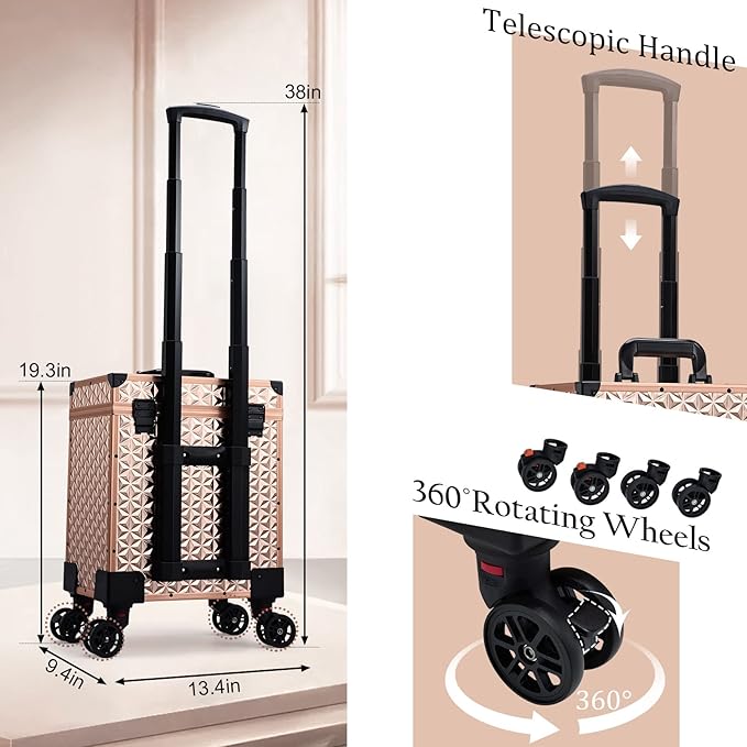 FRENESSA Professional Rolling Makeup Case Aluminum Trolley Train Case with Swivel Wheels for Makuep Artist Travel Cosmetic Organizer with Sliding Drawers for Nail Tech Hairstylist Barber Rose Gold