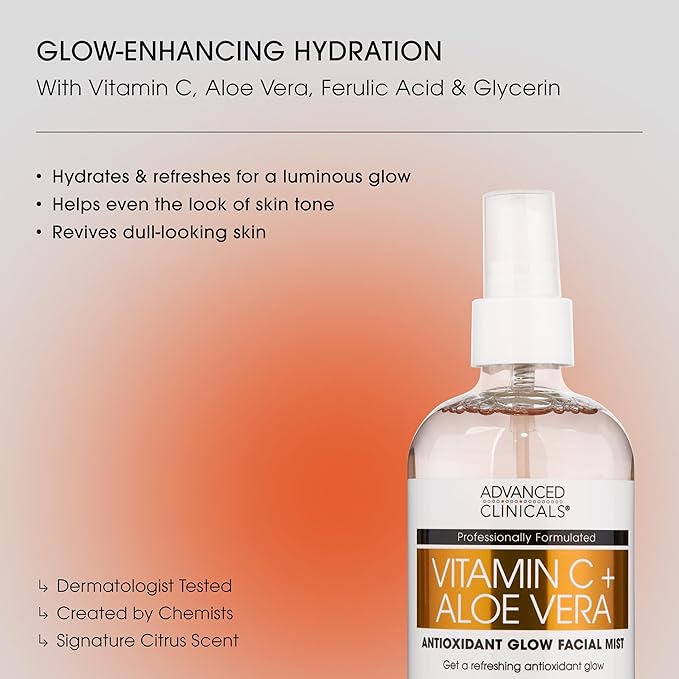 Advanced Clinicals Vitamin C Face Toner + Ferulic Acid & Rosewater, Antioxidant Facial Mist Spray for Face, Skin Refreshing, Hydrating, & Non-Greasy Instant Hydration Facial Spray, 7.5 Fl Oz