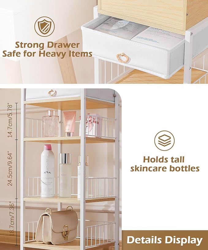Makeup Storage Organizer for Bedroom: Make Up Holder with Drawer - Vanity Organization for Skincare Cosmetic Brush Beauty Accessories