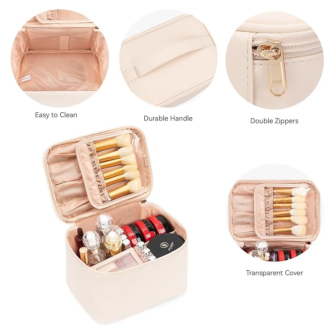 OCHEAL Makeup Bag, Make Up Bag for Cosmetics Vertical Storage,Toiletry Bag for Skincare Makeup Organizer Bag for Travel,With Makeup Brushes Compartments & Dividers -Beige