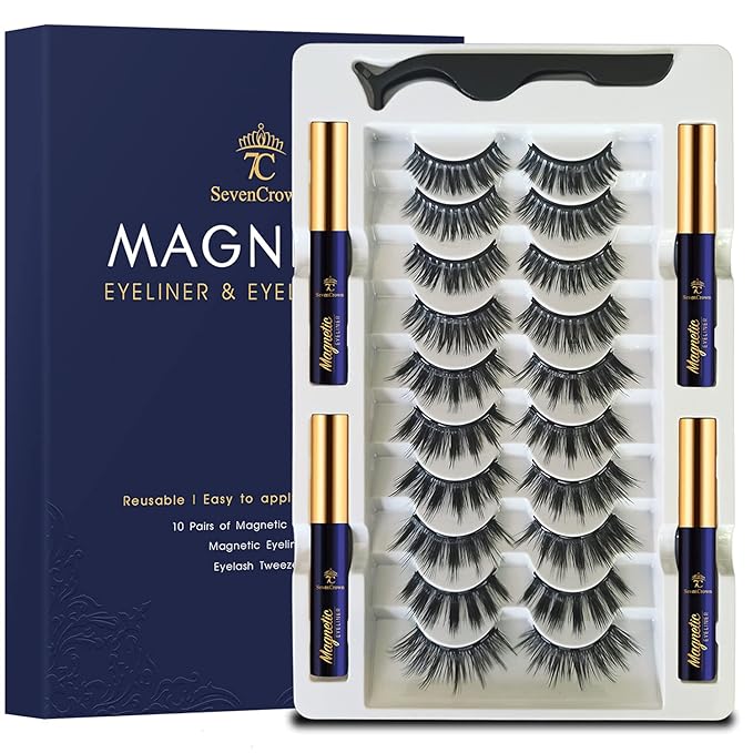 10 Pairs Magnetic Eyelashes Magnetic Lashes with Applicator.Upgraded 4 Tubes of Liner Waterproof, Long Lasting, 3D Natural Look,Reusable False Faux Lashes Easy to Apply.