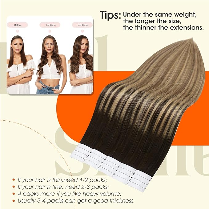 Full Shine Human Hair Tape in Extensions Color 2 Dark Brown Ombre 8 Ash Brown And 27 Blonde Remy Tape in Hair Extensions Human Hair 18Inch Straight Seamless Skin Weft 50Gram 20Pcs for Wedding