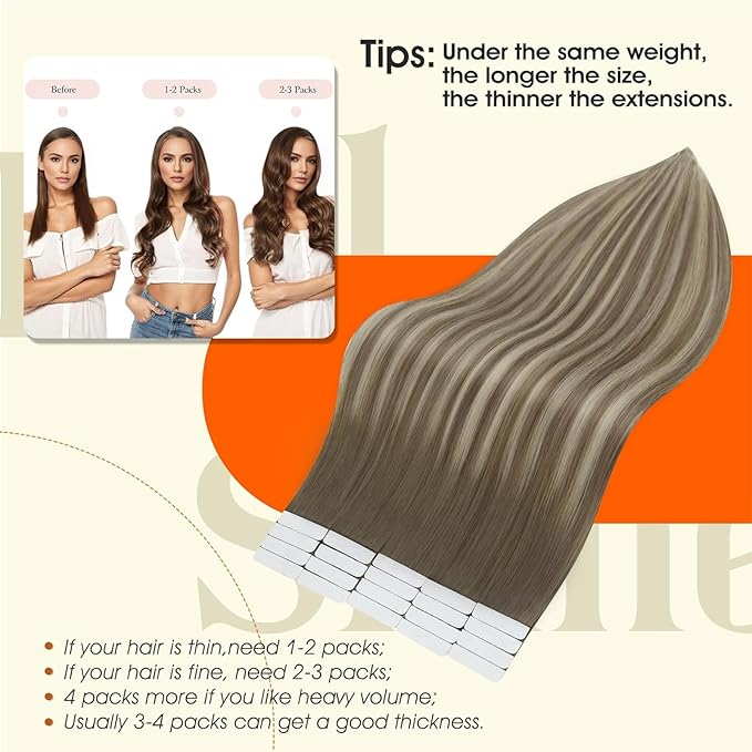 Full Shine Brown And Blonde Tape in Extensions Human Hair Color 7/1000/7 Ombre Tape in Hair Extensions 14Inch Hair Extensions Real Human Hair 50Gram Remy Seamless Extension 20Pcs Natural Straight Hair