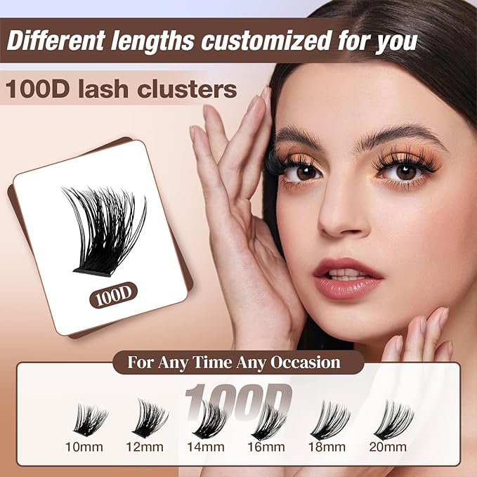 Lash Clusters Kit, DIY Cluster Eyelash Extensions 10‑20mm, 80D+100D, 192pcs Fluffy D Curl Natural Lashes with Bond & Seal,Tweezers–Fake Cat Eye Individual Clusters